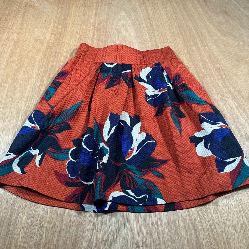 Maeve Floral Mini Skirt Womens 00 Orange Textured Pleated Anthropologie Boho